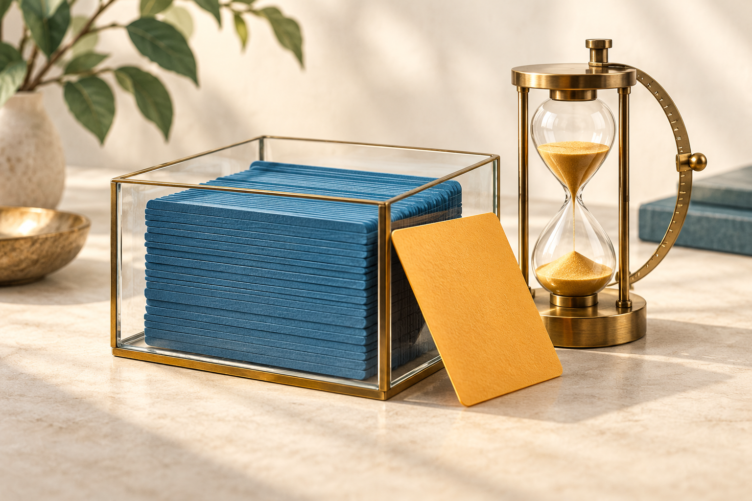 Blue data cards in a glass box beside a brass hourglass, with one amber card in front.
