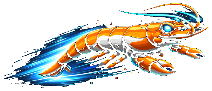 The abi-typegen orange robotic shrimp mascot with blue light trails.
